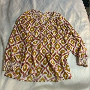 Boho Southwestern Ikat Blouse Mustard Rust Peasant Top